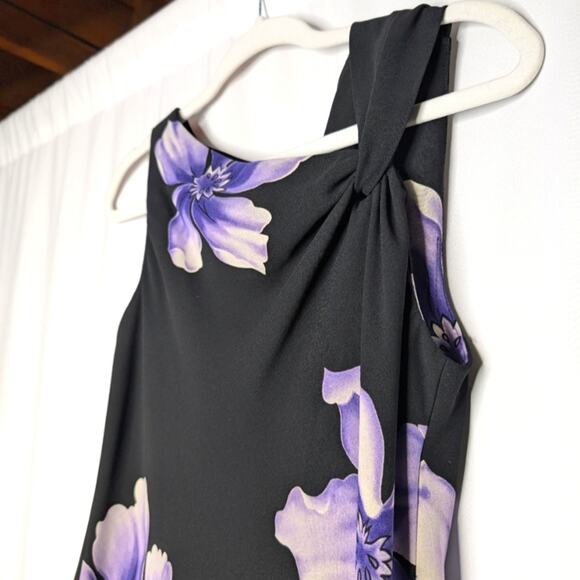 Vintage 90's Y2K Floral Orchid Print Black Twist Neck Sleeveless Midi Dress 10P - Picture 3 of 5